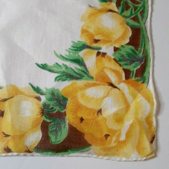 Vtg Handkerchief Hanky Yellow Flower Pocket Scarf Bright Floral Hand Rolled Edge - Picture 4 of 4